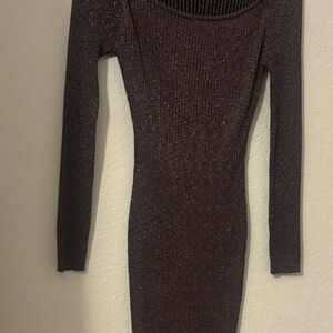 Long Sleeve Ribbed Shimmery Bodycon Dress in Dark Brown